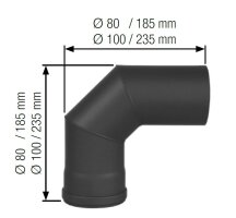 Pelletrohr Ø 80 mm Winkel Bögenl 90° ohne Tür Stahl 1,2 mm Schwarz