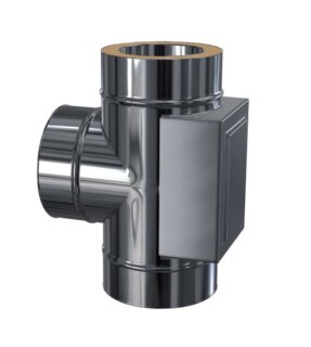 Edelstahlschornstein T-Anschluss 90 Grad mit Reinigung gegenüberliegend DW 130 mm 0,6 mm breites Klemmband