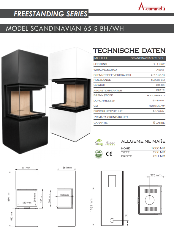 Kaminofen Acaminetti SCANDINAVIAN 65 S technische Daten 
